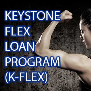 Keystone Flex Loan Program (K-FLEX) image with a woman flexing her arm and kflex text